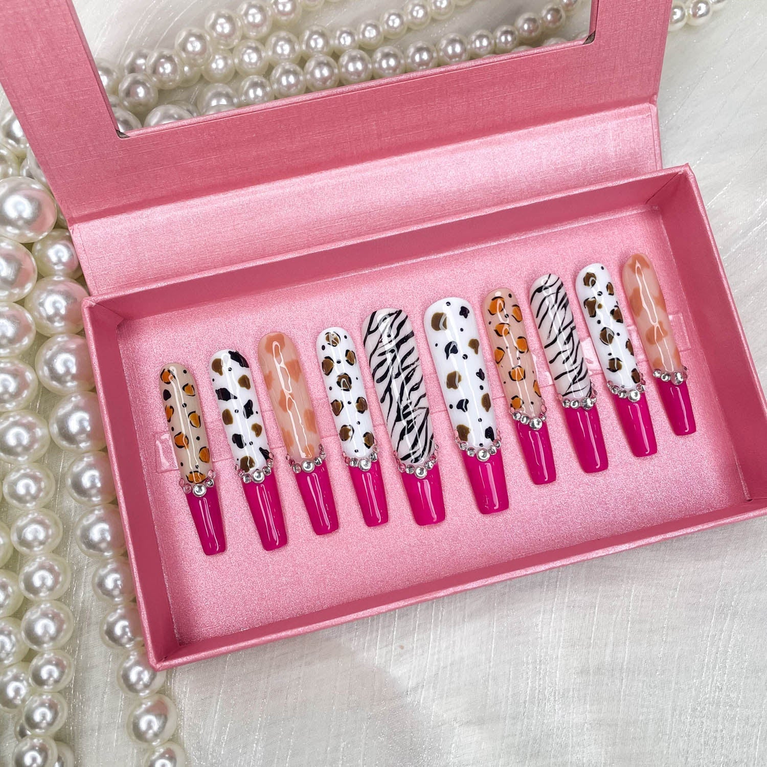 GGDDSHA Nails 10pcs Handmade Press On Nails - GlitterGold Diamond Extra Long Stiletto Reusable Gel UV FinishedFalse Nails, Designer Fashion 3D Hand - painted Nails ,Diamond Zebra - Zentelle Beauty