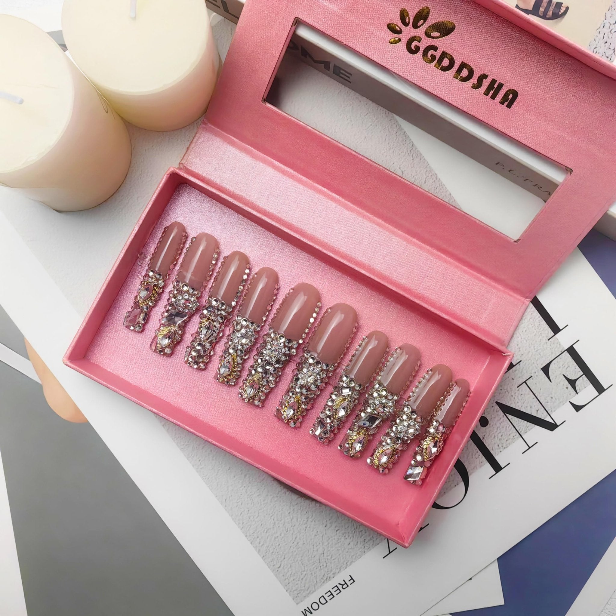 GGddsha New PMMA Acrylic Press On Nails StunningBling Nails, Rhinestone Fake Nails, Glitter Rhinestone NailsGradient Fake NailsCrystal Cascade - Zentelle Beauty