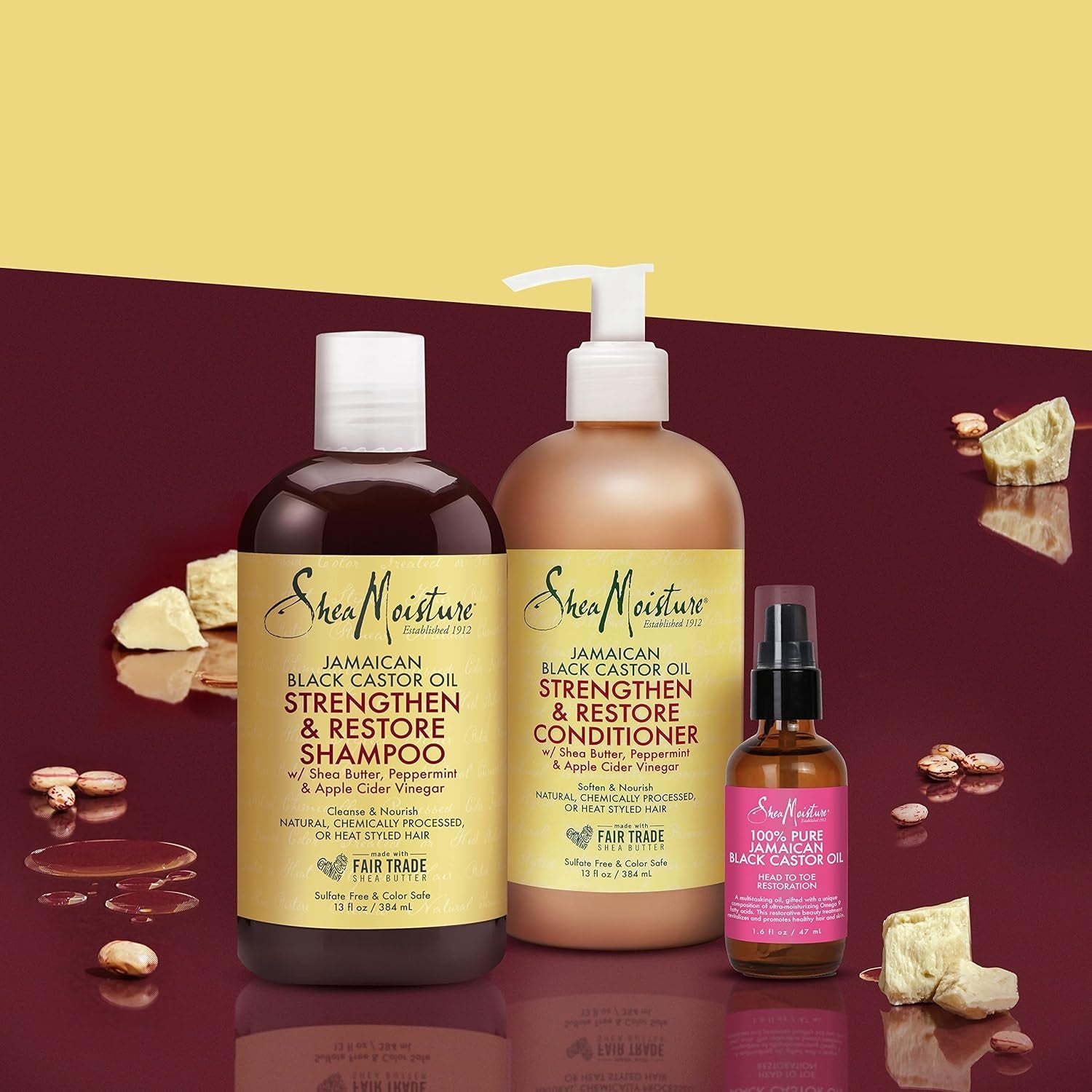 Sheamoisture Strengthen and Restore Shampoo, Conditioner & Head - To - Toe Restoration Body Care Oil Jamaican Black Castor Oil for Dry Skin & Hair Skin and Hair Care Regimen with Shea Butter - Zentelle Beauty