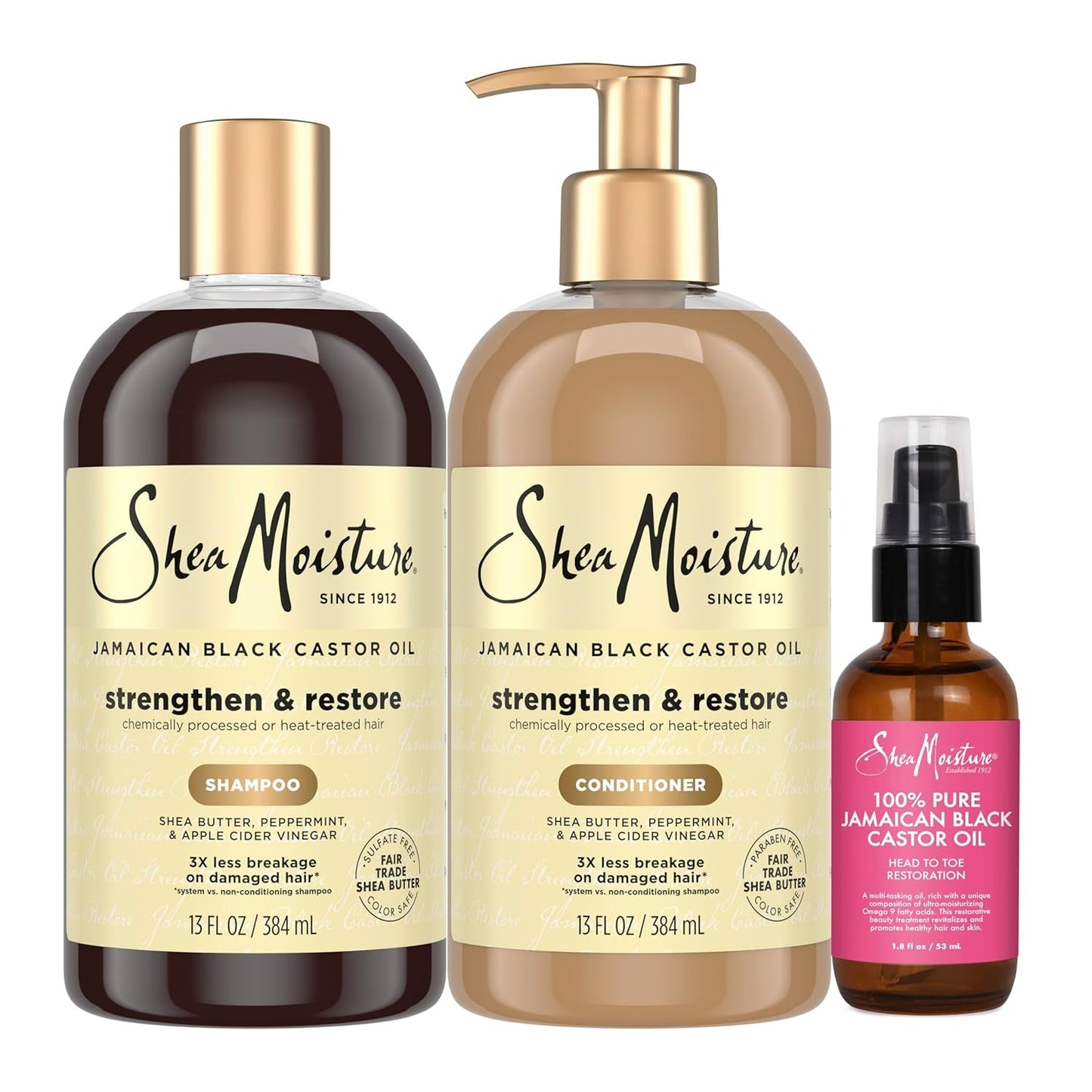 Sheamoisture Strengthen and Restore Shampoo, Conditioner & Head - To - Toe Restoration Body Care Oil Jamaican Black Castor Oil for Dry Skin & Hair Skin and Hair Care Regimen with Shea Butter - Zentelle Beauty